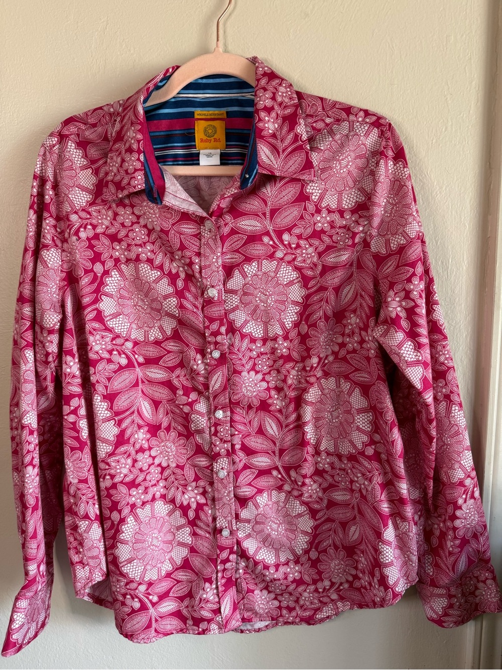 Ruby Rd Pink White Botanical Floral Long Sleeve Collared Blouse